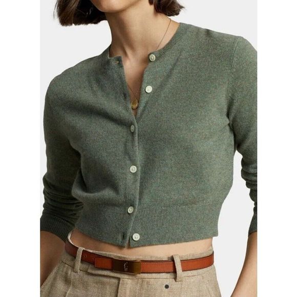 Polo Ralph Lauren Sz M Green/Gray Cropped Crewneck Cardigan Cashmere Sweater - Picture 11 of 13